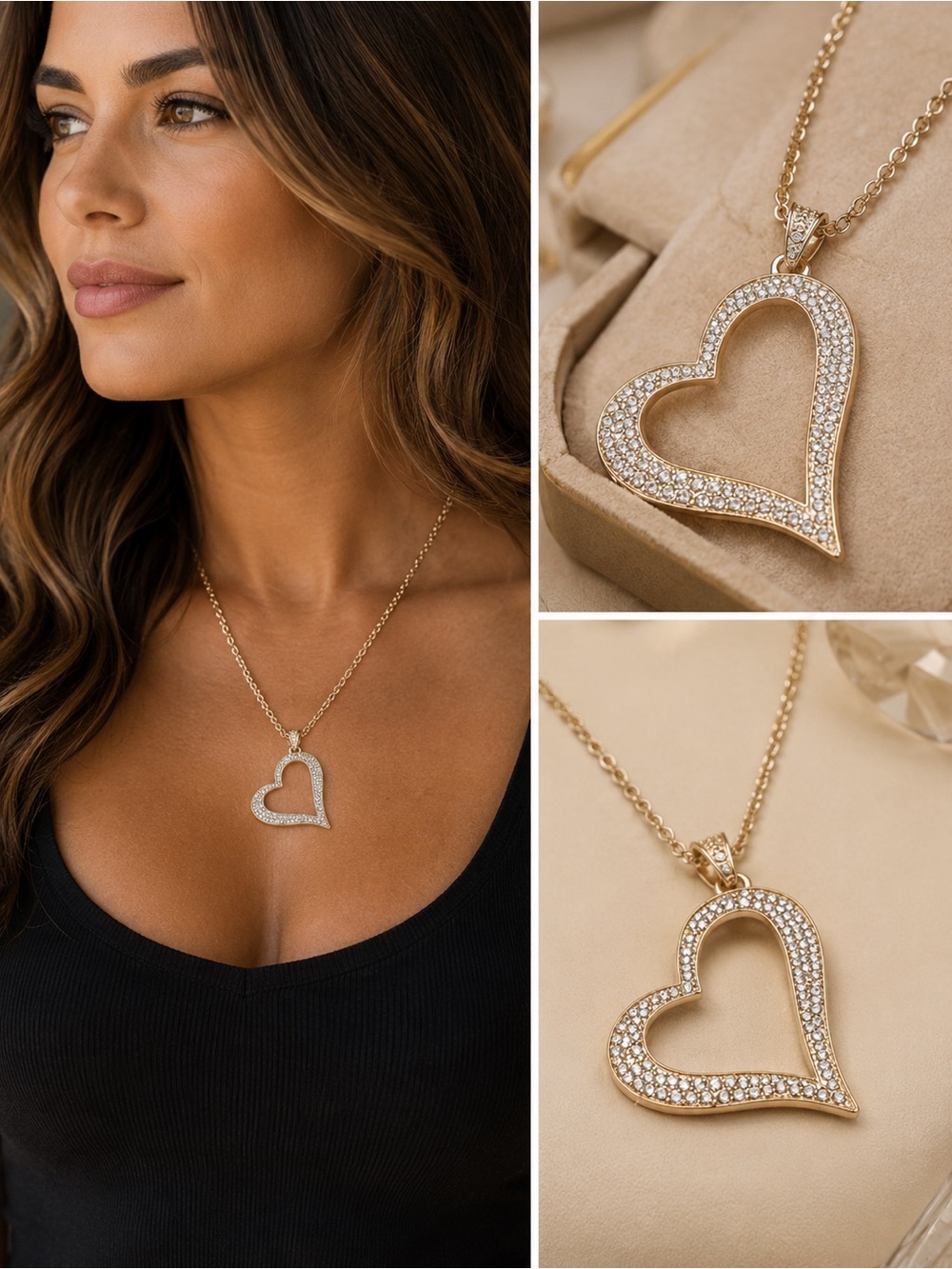 Crystal Open Heart Pendant Necklace | Gold Tone | Adjustable Romantic Jewelry